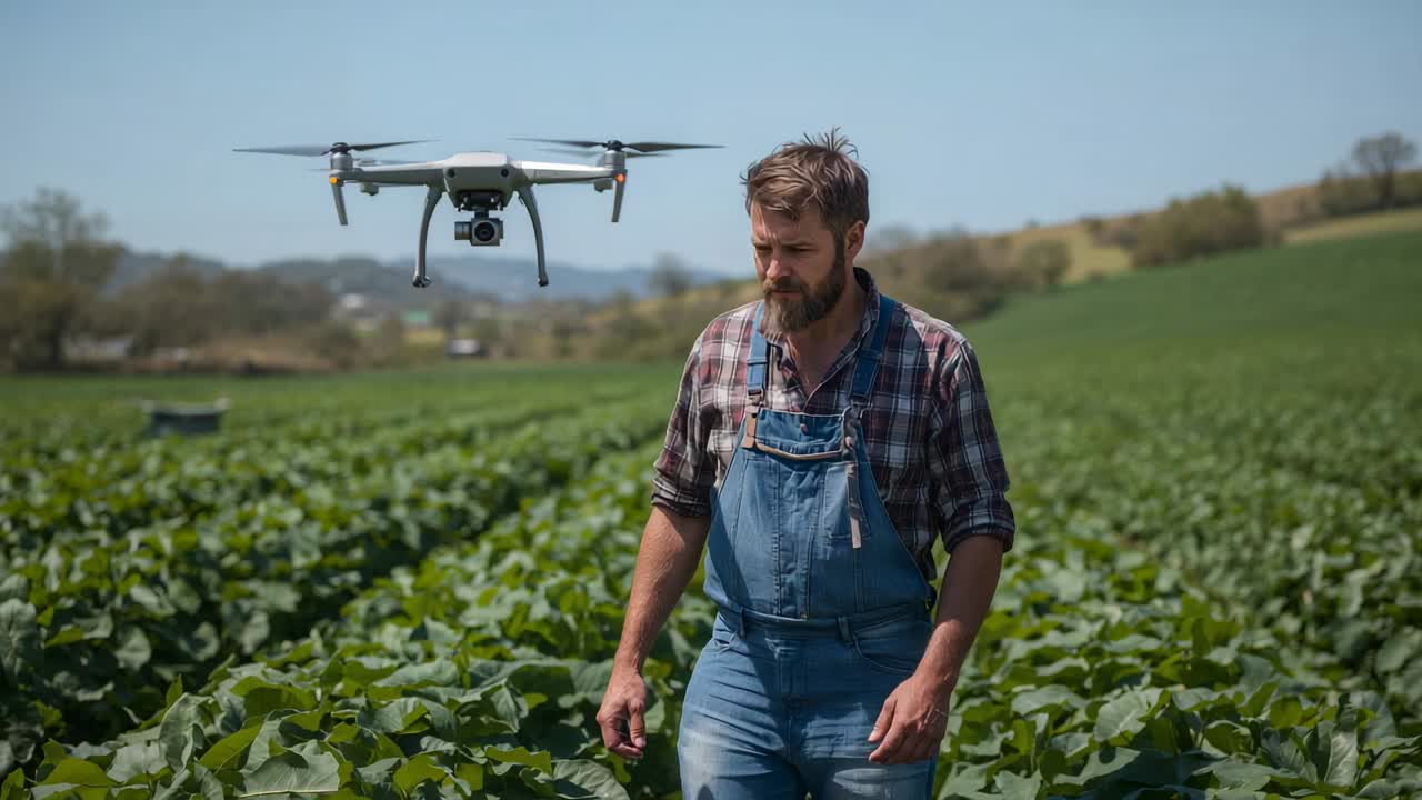 Walking farmer in overalls and plaid reacting to drone appearing left shoulder, surveying crop rows