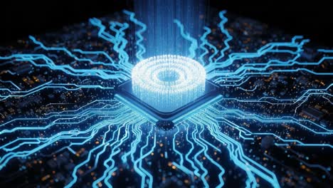a stunning visual representation of quantum computing: showcasing a central processing unit with dynamic blue energy streams signifying data flow and processing power.