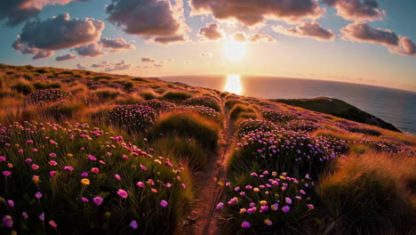 sunset over a coastal hillside path with wildflowers