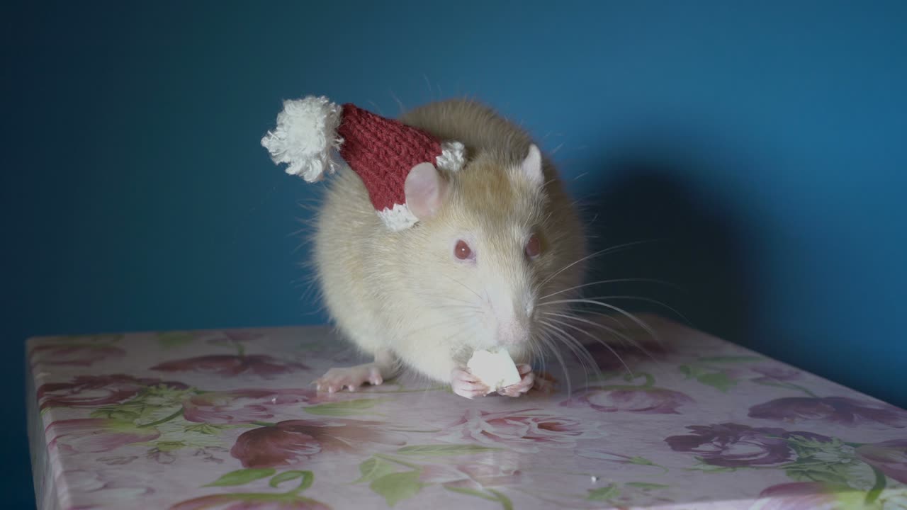 Un ratto albino domestico mangia formaggio seduto su una scatola con un piccolo berretto rosso su sfondo blu. Primo piano. 4K