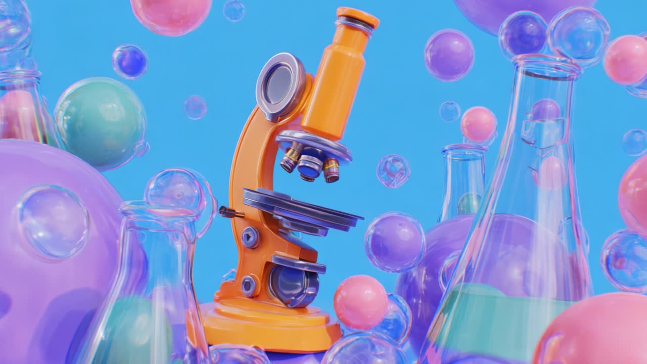 A colorful and whimsical scene featuring a microscope surrounded by vibrant bubbles and laboratory glassware, highlighting the playful intersection of science and creativity in a visually engaging way