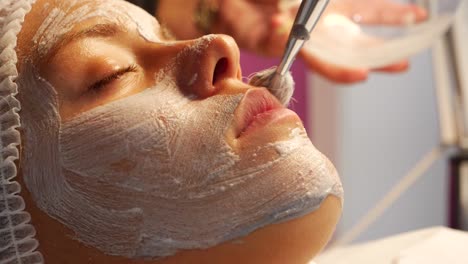 handheld slow motion close-up of a relaxed young woman having a facial applied by a professional esthetician with a brush, her hand holds a bowl of applicant in the colorful background