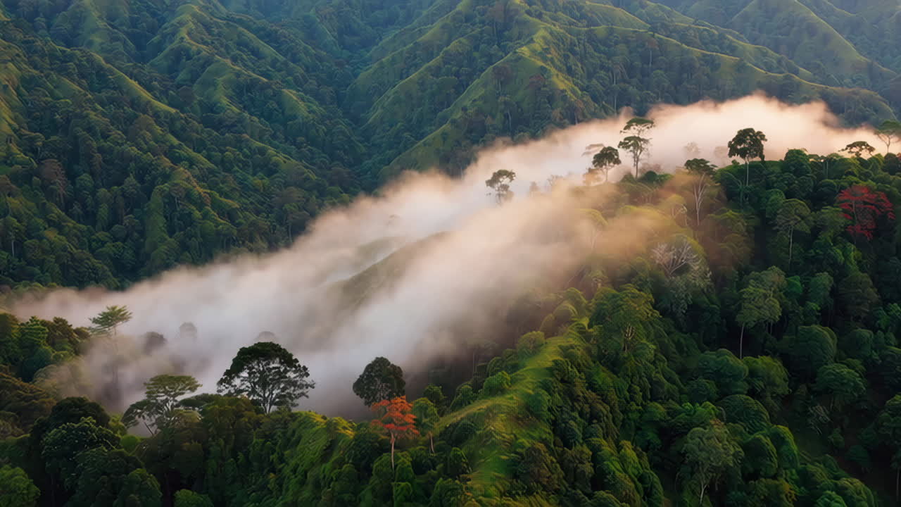 paisaje de valle de montaña con niebla