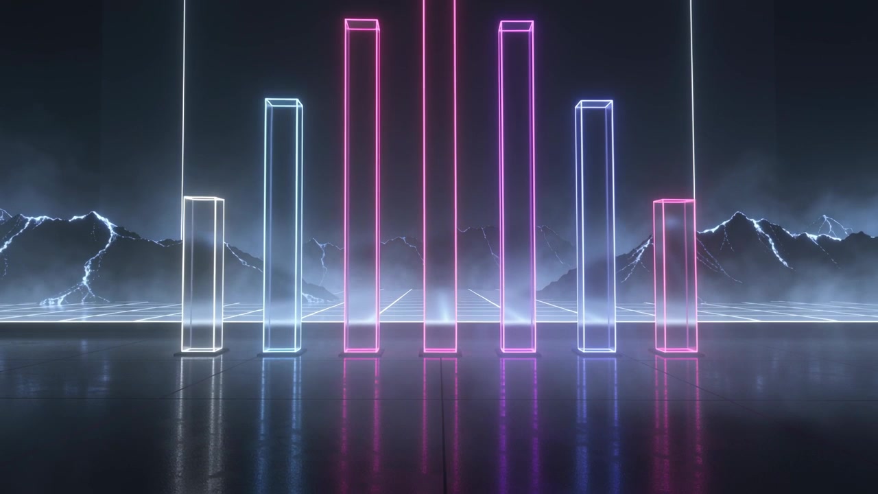 Animating neon equalizer bars rising outward on virtual stage at start, forming symmetry with cubes