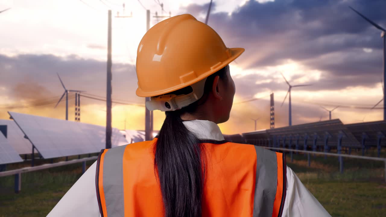 Close Up Back View Of A Female Engineer Wearing Safety Helmet Looking Around While Standing With Arms Akimbo With Solar Panel and Wind Turbines