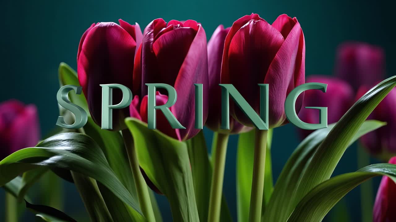Deep green leaves frame rich, velvety tulips. Soft lighting highlights spring's vibrant, natural hue. The word SPRING glows gently across the blooms. Stillness suggests renewal, peace