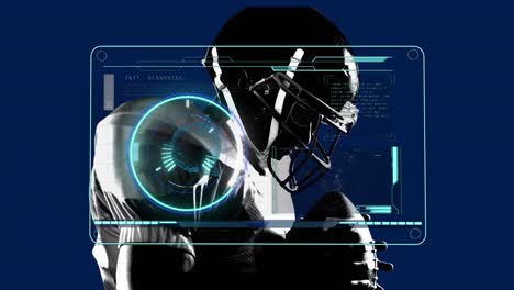 Animation-of-processing-circle-over-american-football-player-on-dark-blue-background