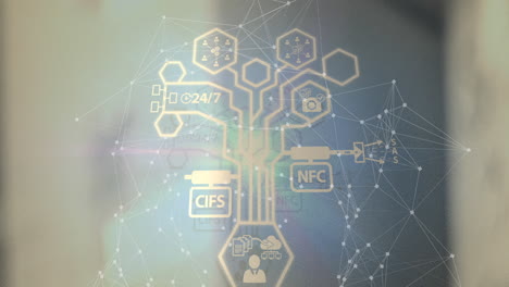 animación de redes de conexiones con iconos digitales sobre un fondo borroso