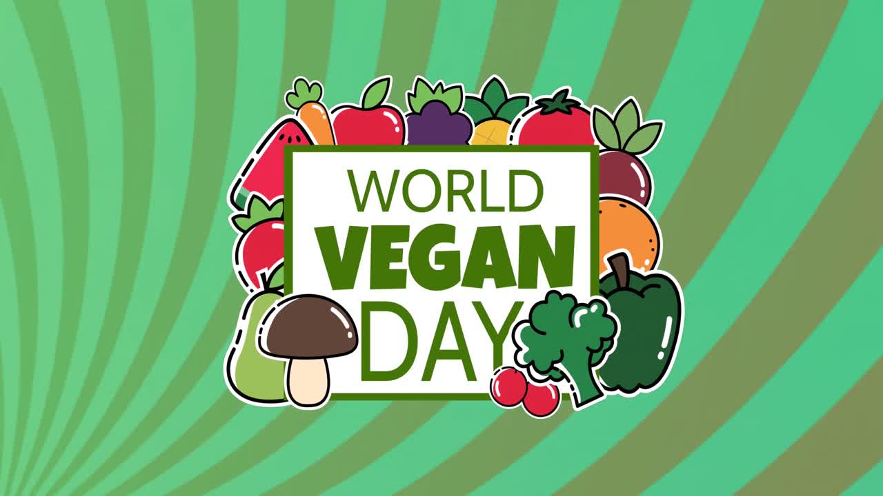 Animatie van Wereldvegandag boven wereldbol op groene gestreepte achtergrond
