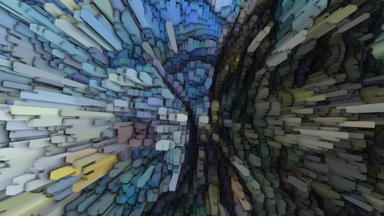 animación de paisaje abstracto 3d. superficie texturizada en forma de cubos azules. abstracto de la pintura "noche estrellada" de van gogh. concepto de metaverso nft. 4k