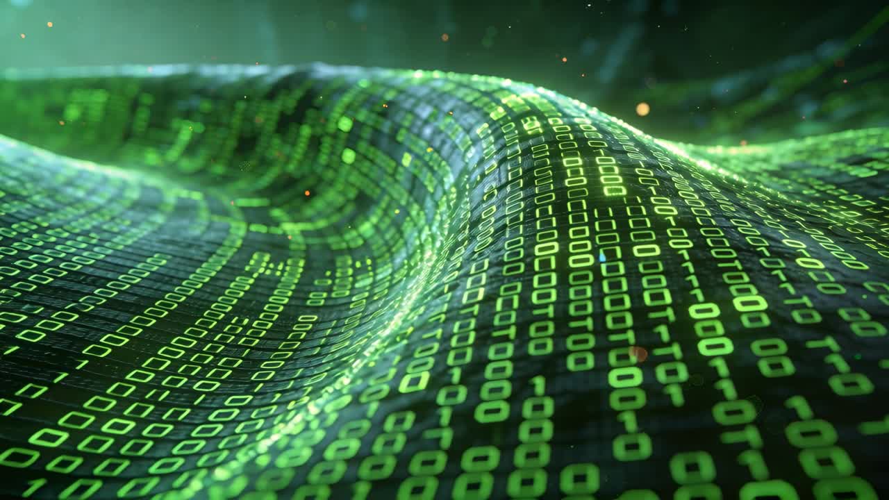 Vertical video: Data pulse causing wavy code scrolling in cyberspace with glowing binary digits