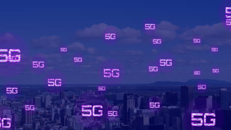 Animation-of-network-of-connections-with-5g-text-over-cityscape