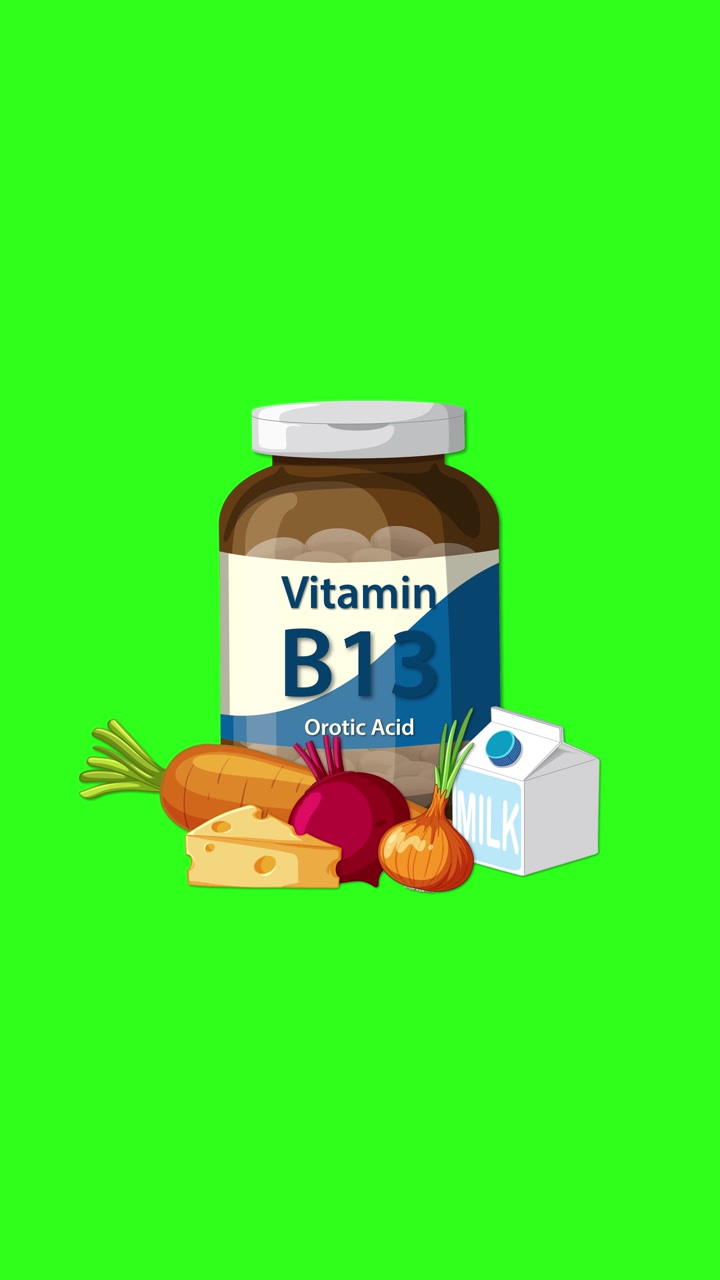 Vitamin B13 bottle enlarges as cheese, carrot, beet, onion, and milk appear on green screen