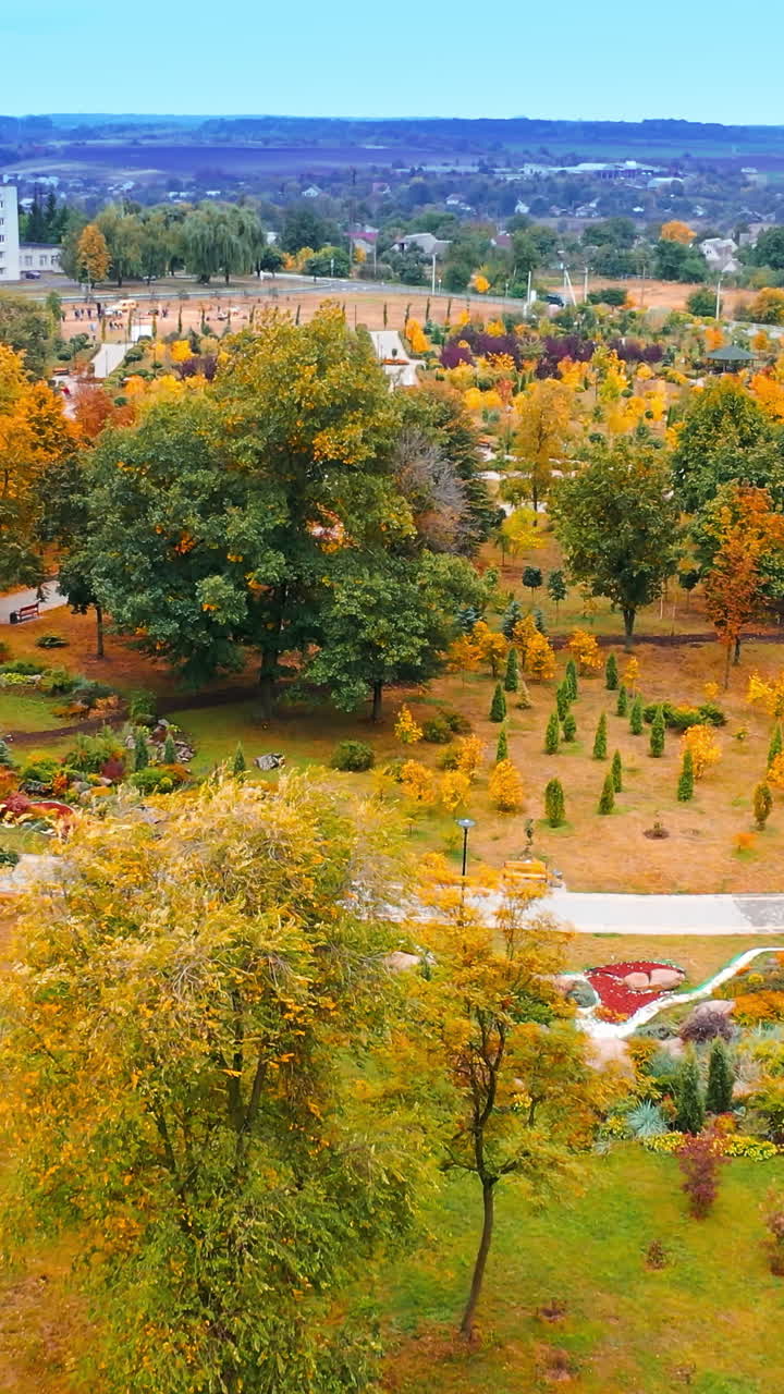 Green, yellow and orange colors of the trees and bushes in the man-made city park. Beautiful garden architecture in autumn season from air. Vertical video