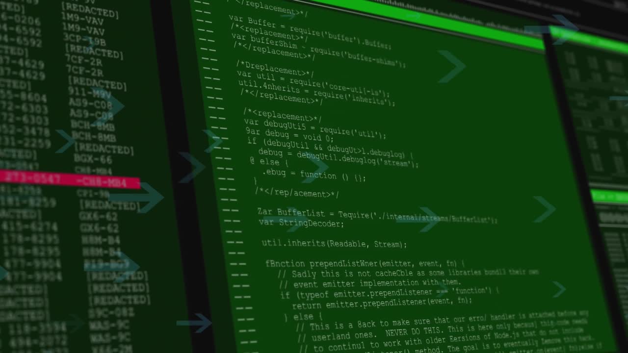 Animation of multiple arrow icons moving side wards over data processing against black background