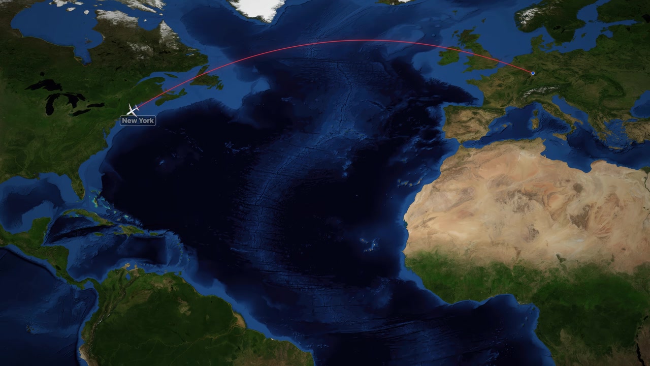 Airplane Tracking Flight Path from Frankfurt to New York on World Map
