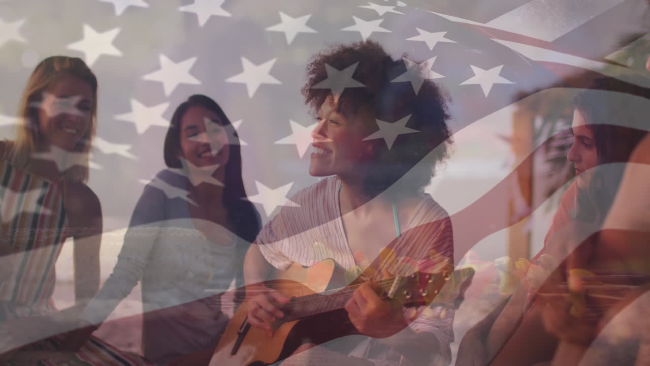 アメリカの国旗の上でビーチパーティーで様々な友人のアニメーション