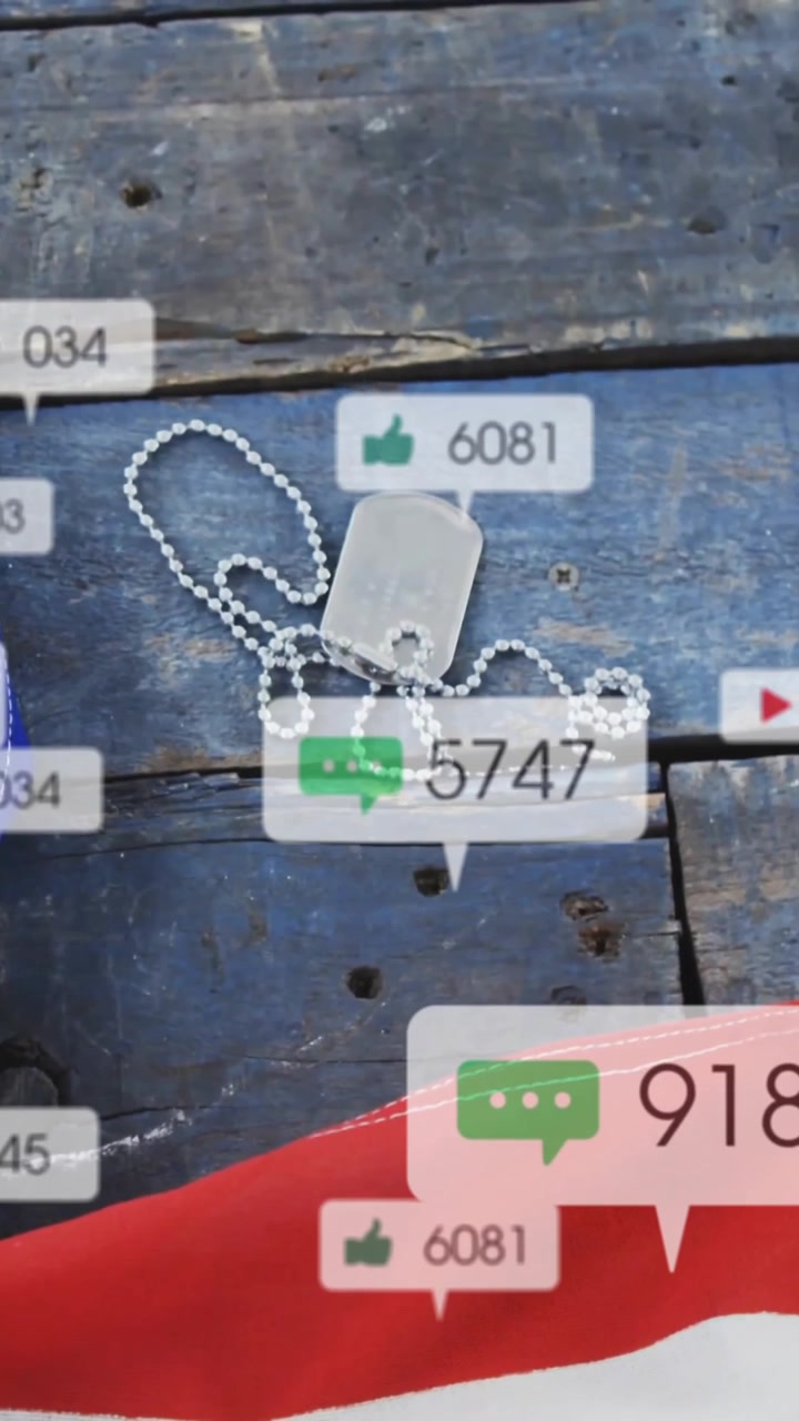 Social media engagement animation over American flag and military dog tags on wooden surface