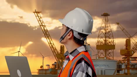 vista lateral cercana de un ingeniero masculino asiático con casco de seguridad trabajando en una computadora portátil y mirando a su alrededor mientras está de pie con la producción de hidrógeno en alta mar