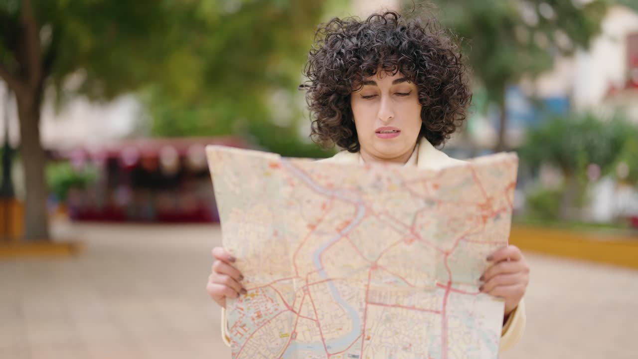 mujer joven buscando mapa de la ciudad en el parque