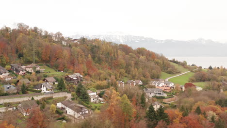 aerial of small rural town in woodland area and mountains in the background