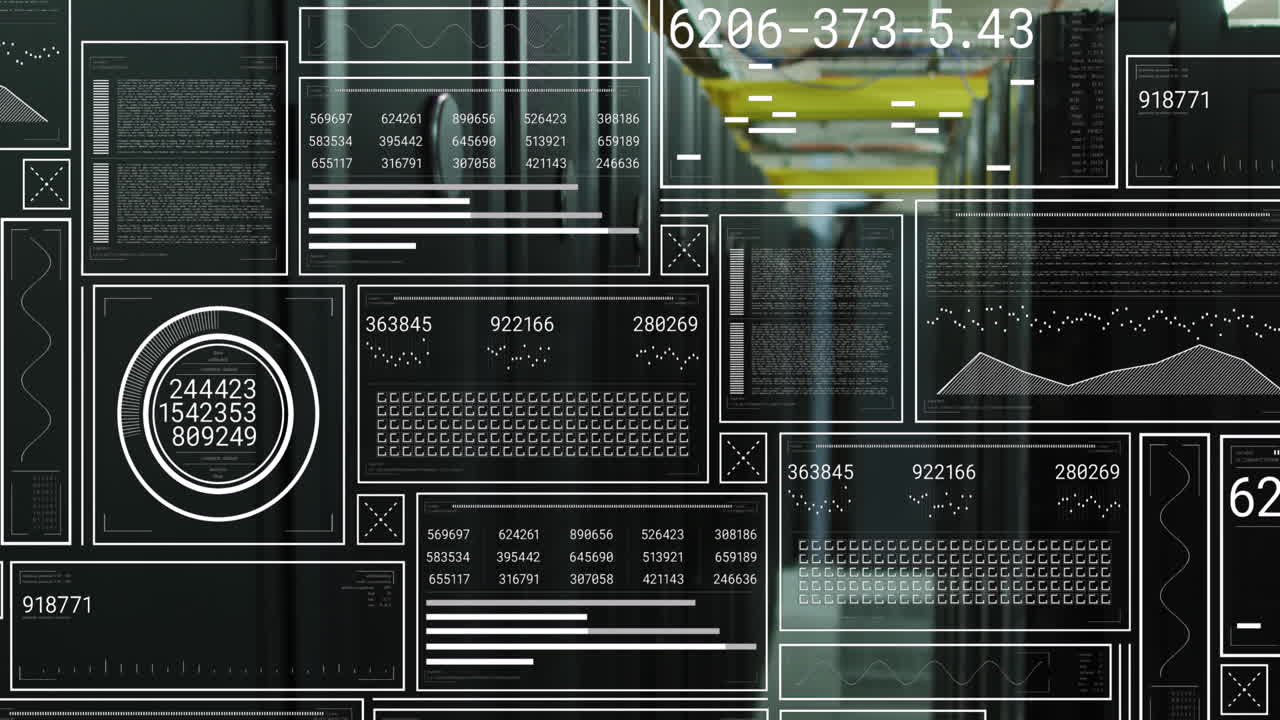 Animation of interface with data processing against computer server room
