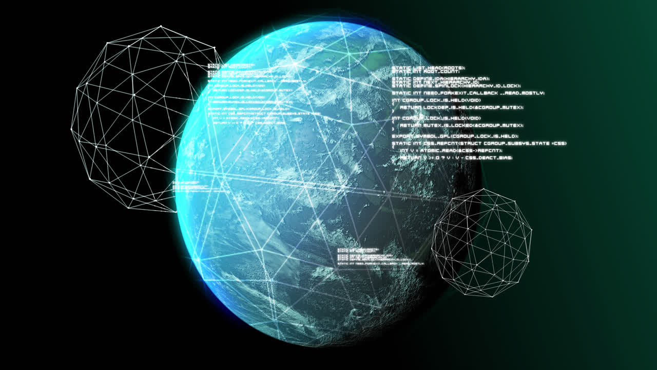 Animation of globe, connections and data processing on black background