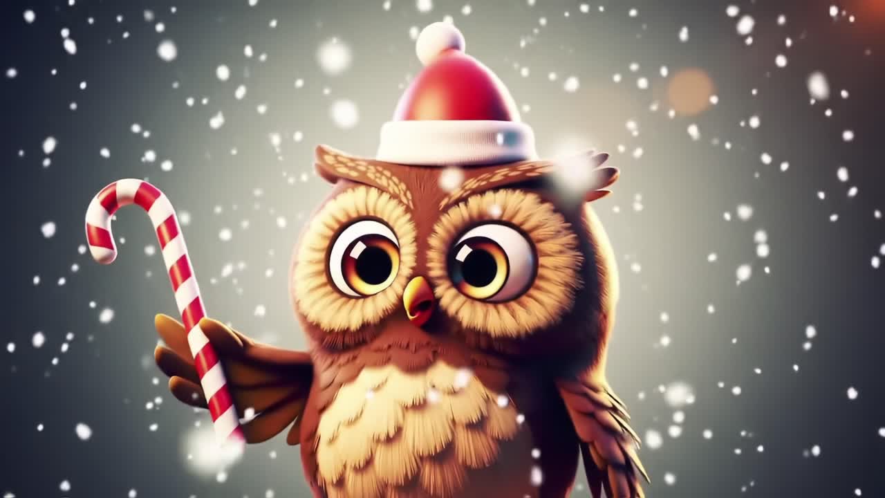 Cheerful Cartoon Owl in a Santa Hat Spreading Holiday Joy with a Candy Cane Amidst Falling Snowflakes in a Festive Atmosphere