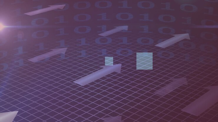 Animazione di frecce ed elaborazione dati con codice binario su sfondo viola