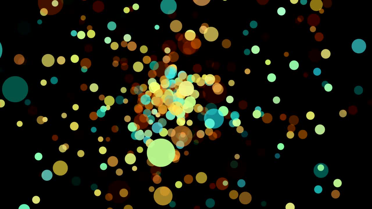 Abstract circle particle movement on isolated black background. Many green blue yellow red orange and brown round shape. Group of colorful spots. 4K footage video. Motion graphic design