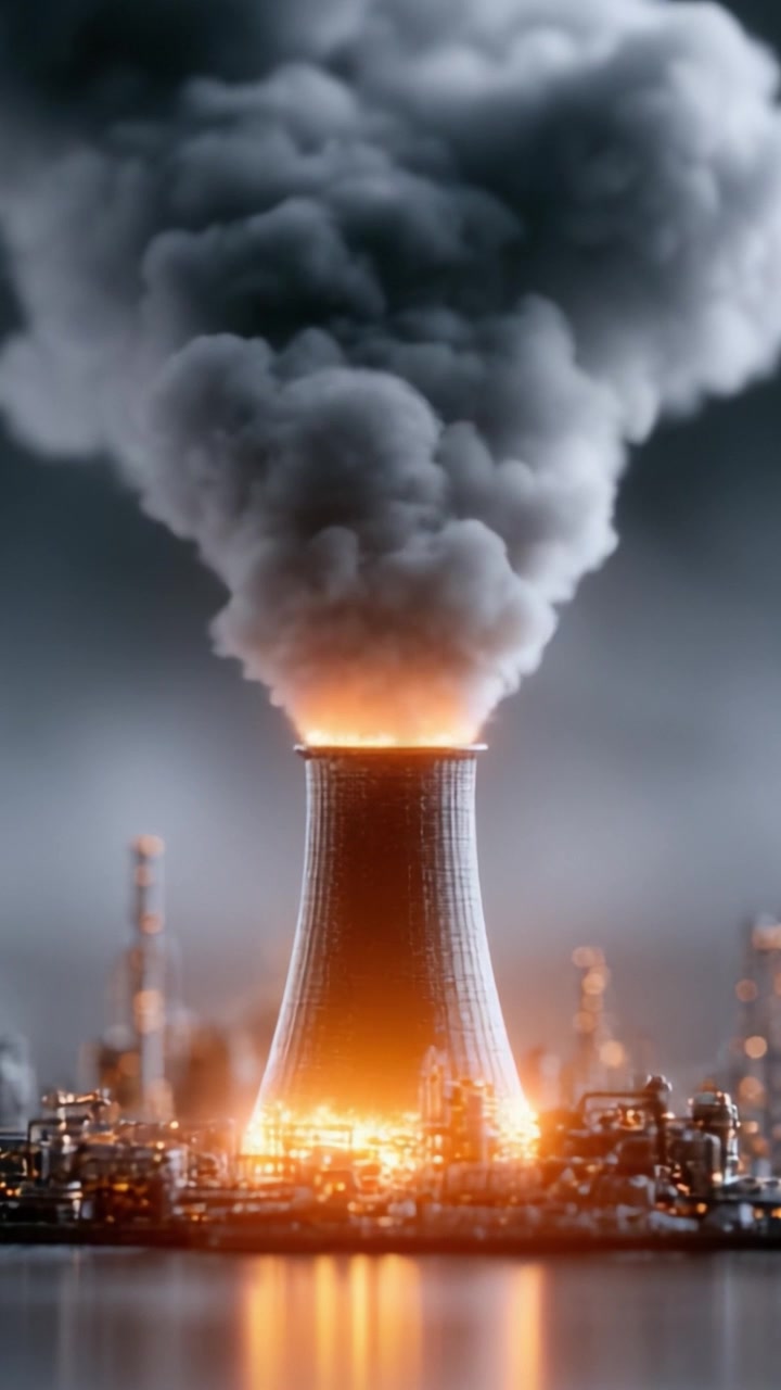 Immagine Drammatica di una Torre di Raffreddamento di una Centrale Elettrica che Emette Grandi Volumi di Fumo e un Bagliore Infuocato dalla Cima, Rappresentando la Produzione di Energia e le Preoccupazioni Ambientali