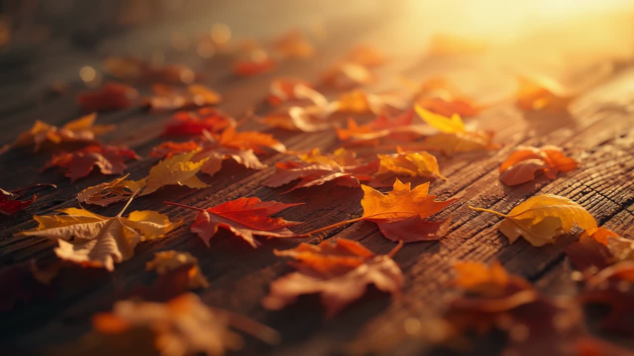 Camera starting focus pulling across autumn leaves on deck under sun glare revealing clusters