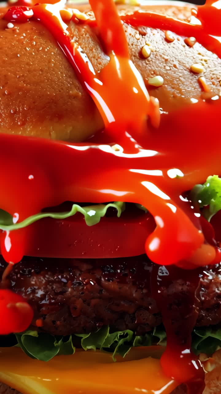 A burger with a lot of ketchup and a lot of fries. The burger is dripping with ketchup and the fries are also covered in ketchup. The image has a messy and chaotic feel to it, as if the burger