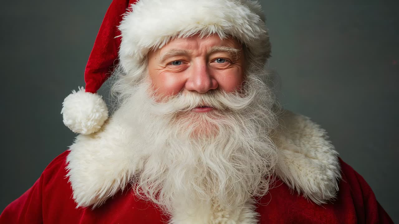 Camera rolling smiling Santa-clad man nodding holding gaze for portrait with red hat beard coat
