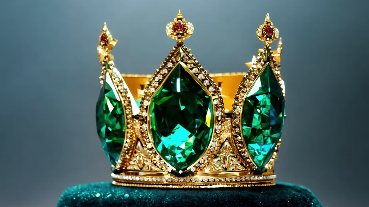 에메랄드 보석 이 있는 금색 왕관 의 근접 사진