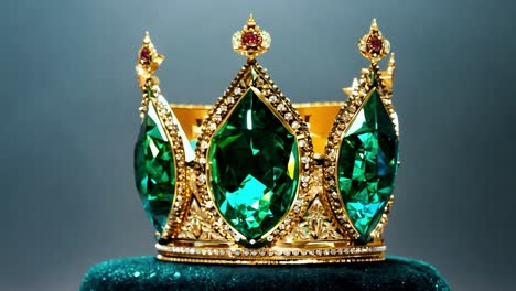 closeup of a golden crown with emerald gemstones