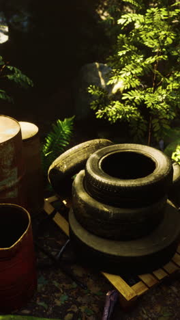 abandoned tires and barrels in a forest