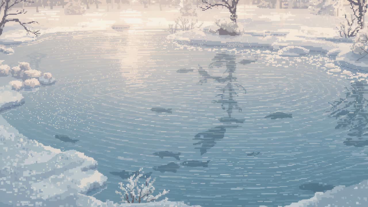 Rippling outward from disturbance, larger fish moving in open pond, reflected tree and snowbanks