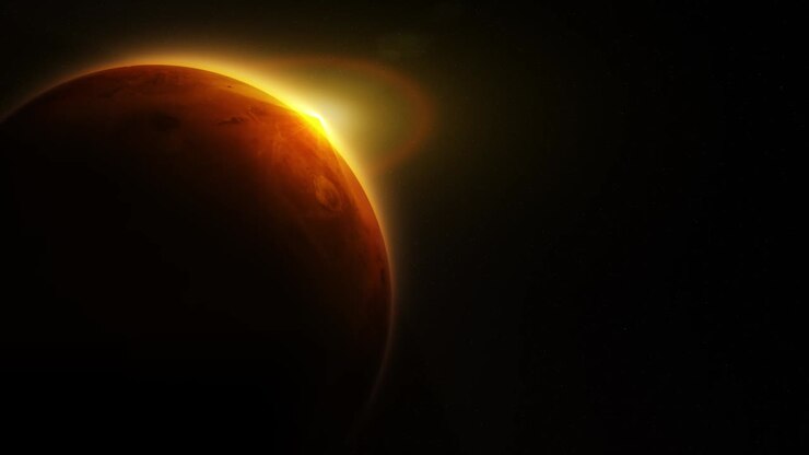 Cinematic shot of the planet Mars with the sun just at the horizon and create a lens-flare