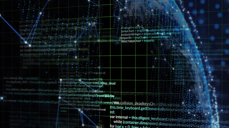Animation of data processing and shapes on black background