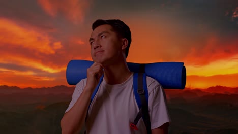man hiking at sunset