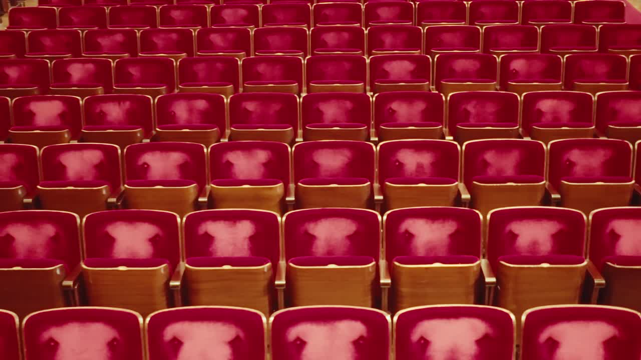 vista frontal simétrica desde el escenario en asientos vacíos de sillón desgastados de terciopelo rojo