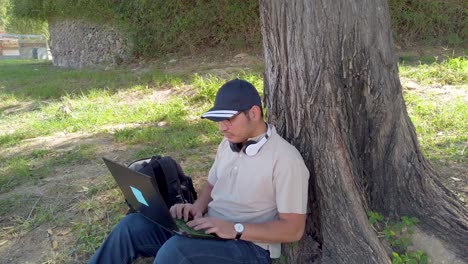 man with cap using laptop in park. the scene is peaceful and relaxing, enjoying his time outdoors.