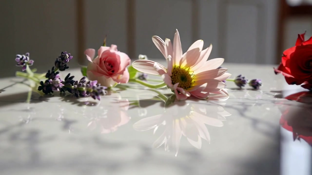 Telecamera che panoramica partendo da una rosa rossa, muovendosi a sinistra su un tavolo di vetro, mostrando riflessi floreali.