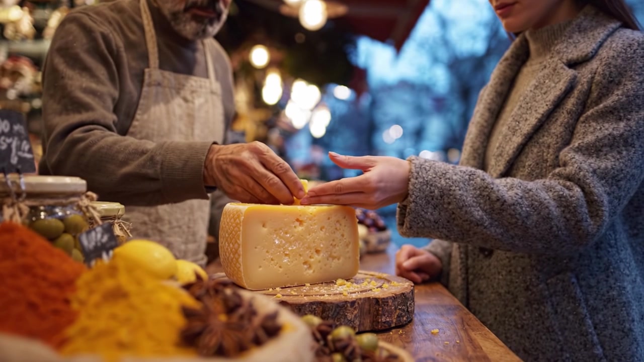 Una vivace esposizione di spezie, formaggi e altre prelibatezze in un mercato all'aperto, che mette in risalto sapori vibranti e aromi invitanti in un'atmosfera frenetica.