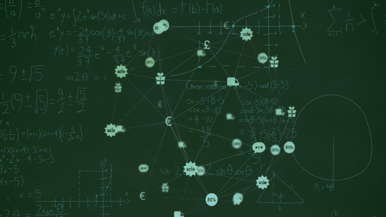 Animation of network of connections with icons over mathematical equations on black background