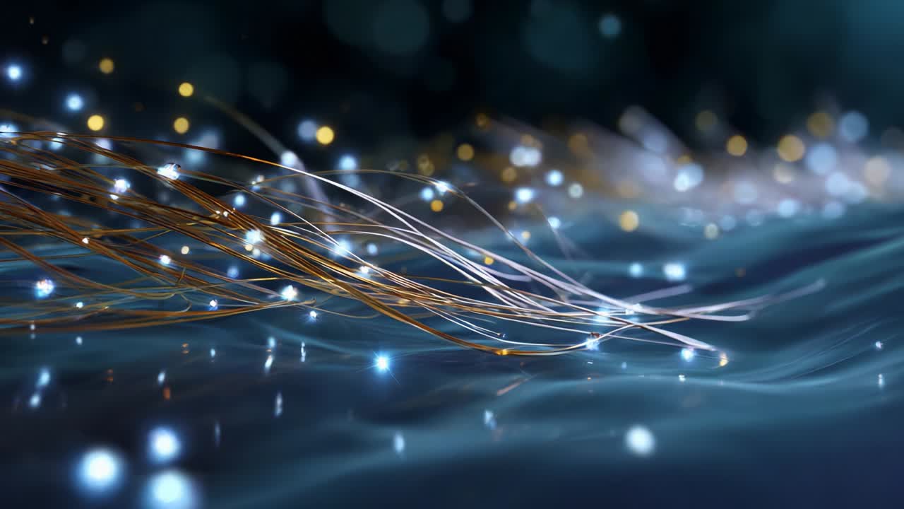 Mesmerizing Blend of Light and Movement Captured in Two Frames, Illustrating Ethereal Wisps of Sparkling Threads Flowing Gently Through a Dreamlike Blue Environment Rich with Bright Highlights