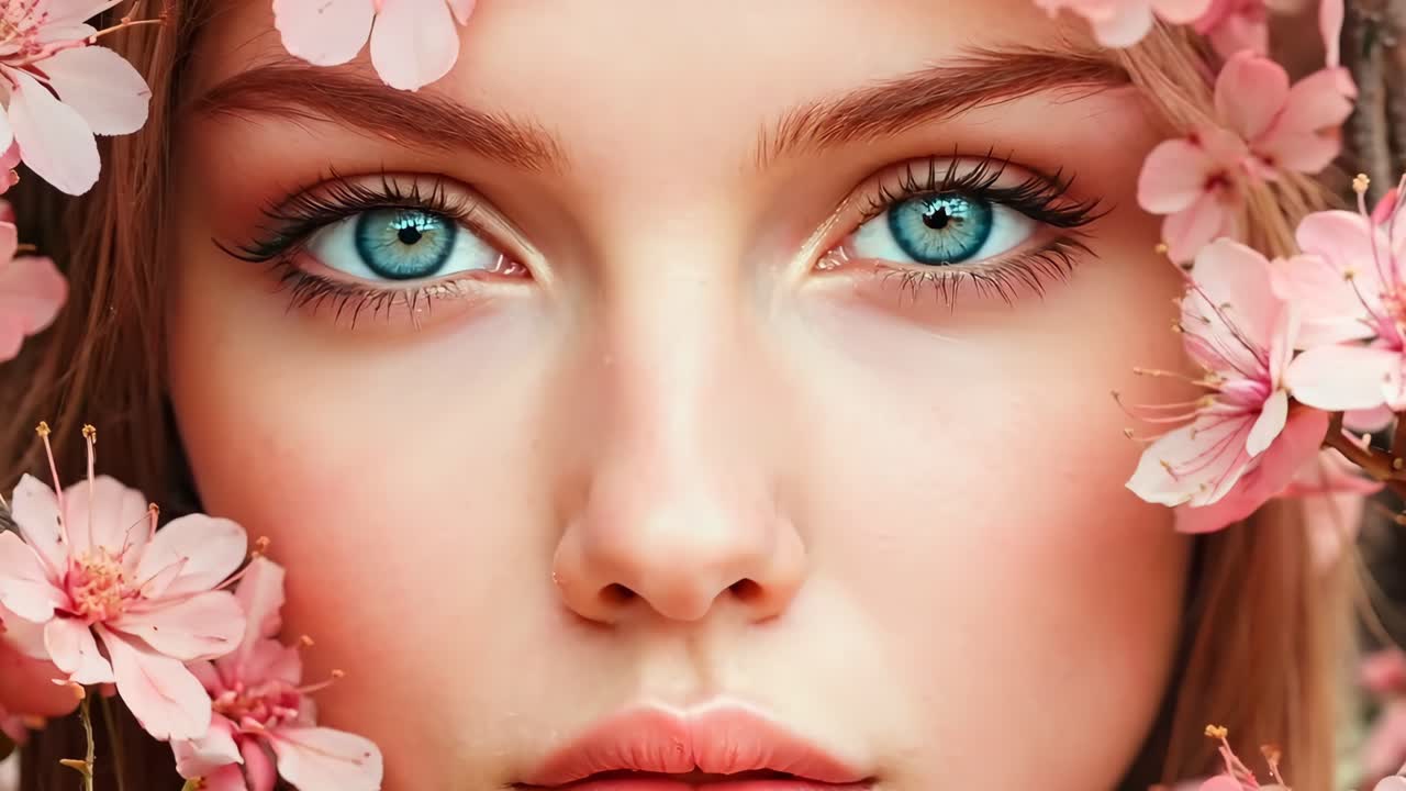 Una donna con gli occhi blu e i fiori rosa nei capelli