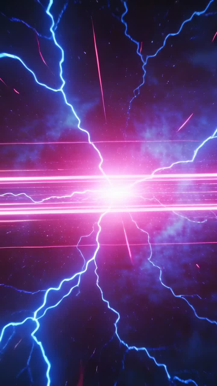 Vertical video: Appearing magenta core intensifying, sending beams and blue lightning across nebula