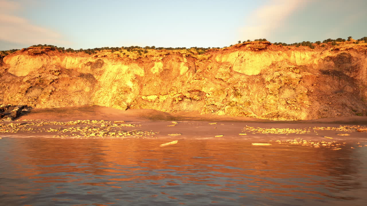 Paisagem de praia tranquila ao pôr do sol com água cintilante e iluminação suave.
